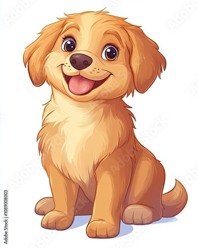 Golden Retriever Puppy: A cheerful cartoon illustration of an adorable golden retriever puppy sitting, radiating happiness and warmth. Perfect for children's books, pet product designs.