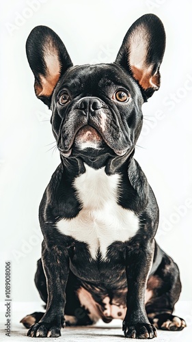 Cute Frenchie Portrait: A charming black and white French Bulldog puppy sits with big, curious eyes, looking up at the camera with an adorable, playful expression.