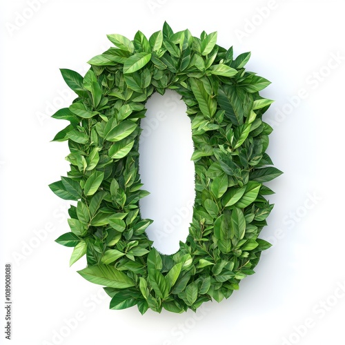 A decorative numeral '0' made of lush green leaves, symbolizing nature and sustainability.
