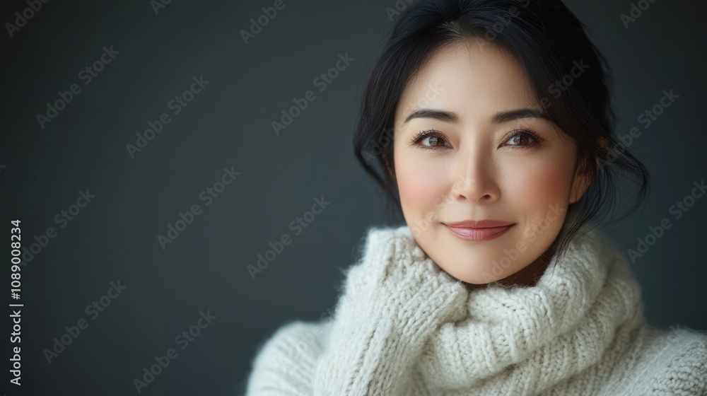 Elegant woman in white sweater, mature beauty, soft smile, serene expression, close-up portrait, sophisticated look, timeless style, grey background, calm, confidence Elegant woman in white sweater, mature beauty, soft smile, serene expression, close-up portrait, sophisticated look, timeless style, grey background, calm, confidence