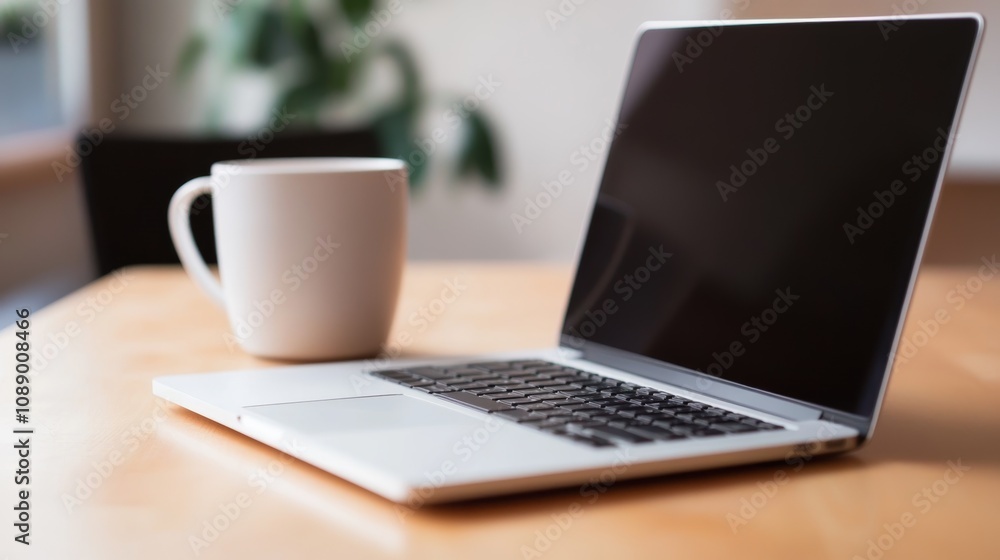 A cozy workspace featuring a laptop and a coffee mug on a wooden table during the morning for productive tasks A cozy workspace featuring a laptop and a coffee mug on a wooden table during the morning for productive tasks