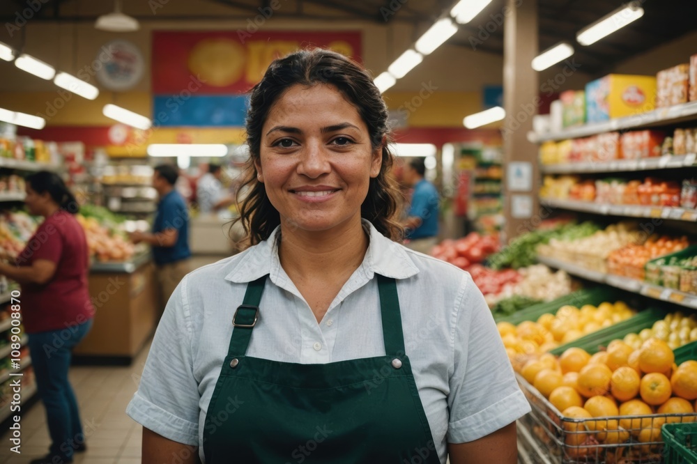 Close portrait of a smiling 40s Honduran female grocer standing and looking at the camera, Honduran grocery store blurred background Close portrait of a smiling 40s Honduran female grocer standing and looking at the camera, Honduran grocery store blurred background