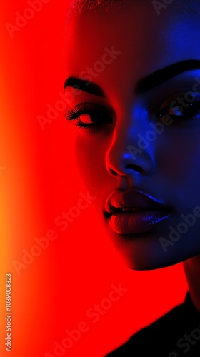 A close-up portrait of a fashion model with dramatic makeup, contrasting neon red and blue lights