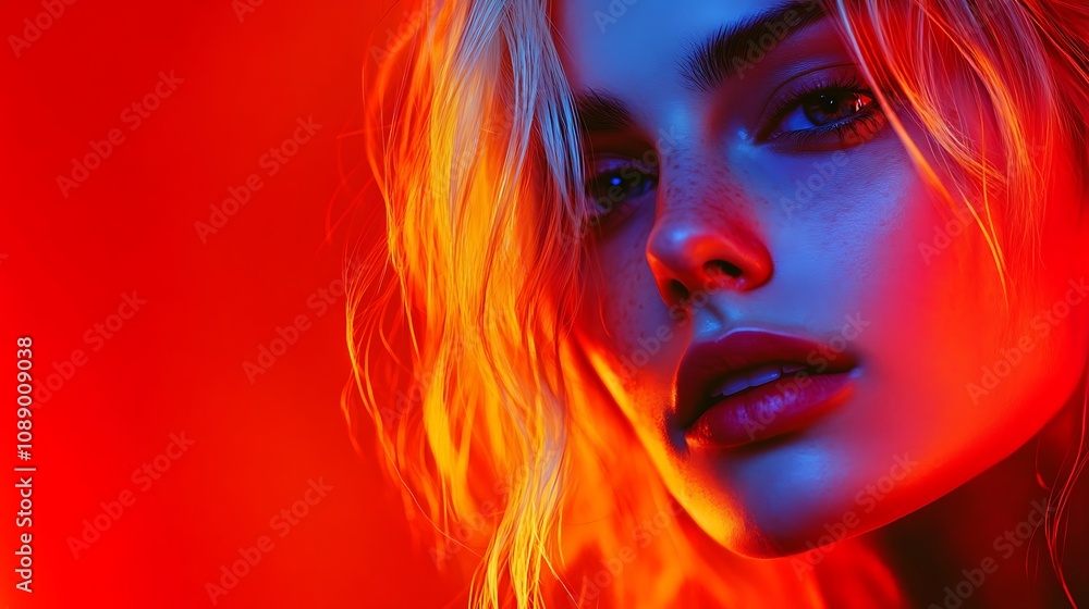 A close-up portrait of a fashion model with dramatic makeup, contrasting neon red and blue lights A close-up portrait of a fashion model with dramatic makeup, contrasting neon red and blue lights