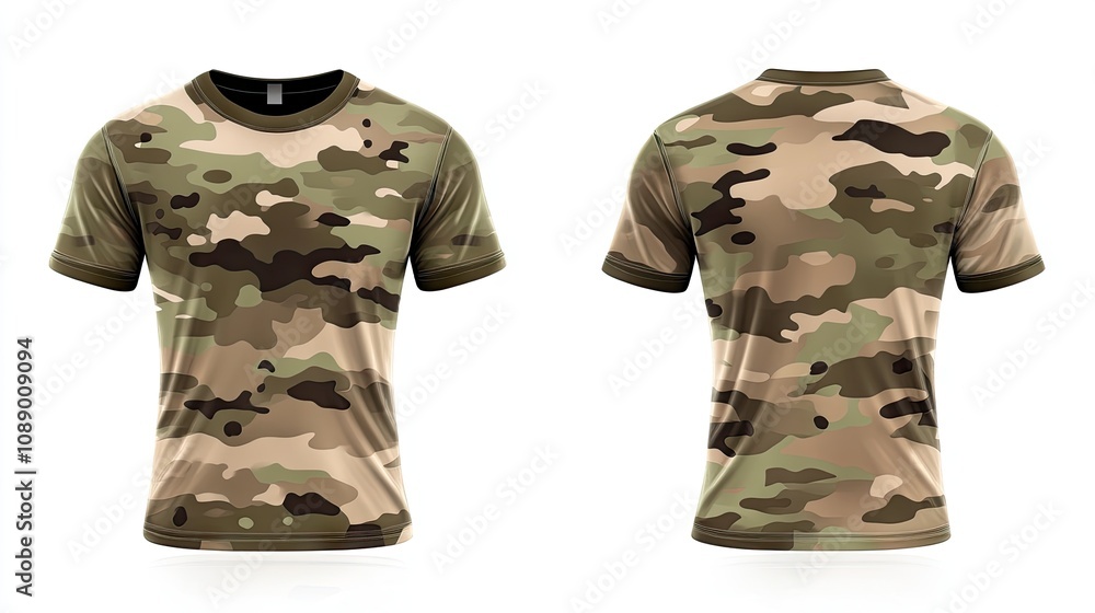 A modern design featuring a short-sleeve brown camouflage army T-shirt, front and back perspectives on white. A modern design featuring a short-sleeve brown camouflage army T-shirt, front and back perspectives on white.