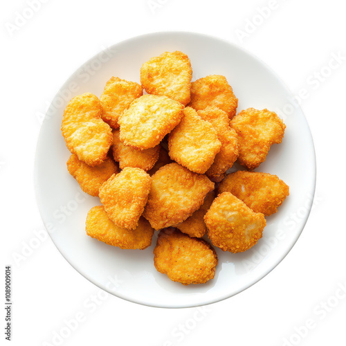 Crispy and golden chicken nuggets served on a white plate, perfect for a snack.