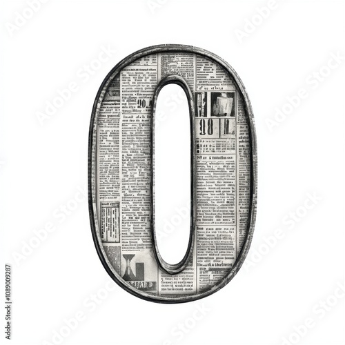 A stylized numeral '0' filled with newspaper clippings, showcasing a creative design approach.