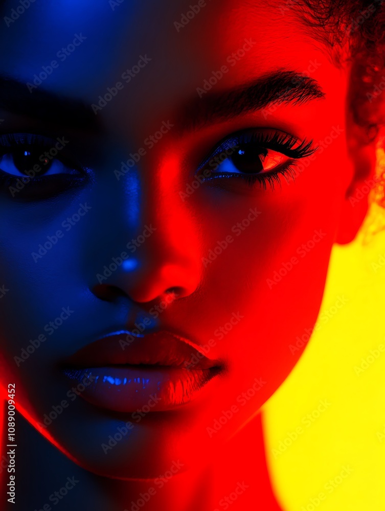 A close-up portrait of a fashion model with dramatic makeup, contrasting neon red and blue lights A close-up portrait of a fashion model with dramatic makeup, contrasting neon red and blue lights
