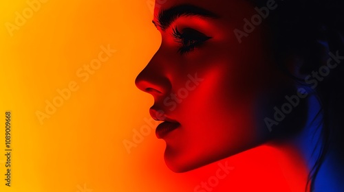 A close-up portrait of a fashion model with dramatic makeup, contrasting neon red and blue lights