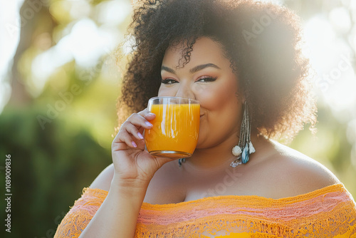 Woman, plus-size, drinking freshly squeezed orange juice photo