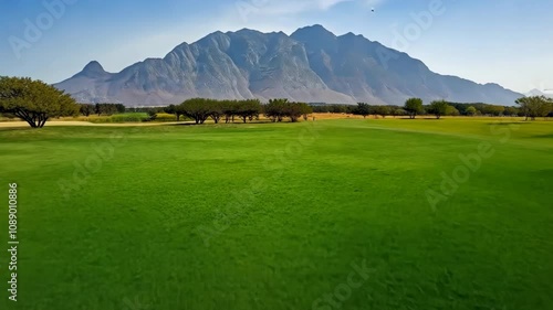 Wallpaper Mural A large mountain range is visible in the distance, with a clear blue sky above. The grass is lush and green, and there are trees scattered throughout the field. The scene is peaceful and serene Torontodigital.ca