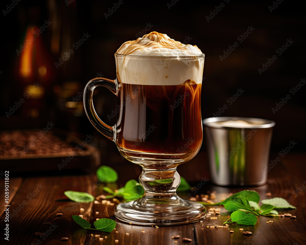 Glass of Irish coffee spilling over from the cup Glass of Irish coffee spilling over from the cup