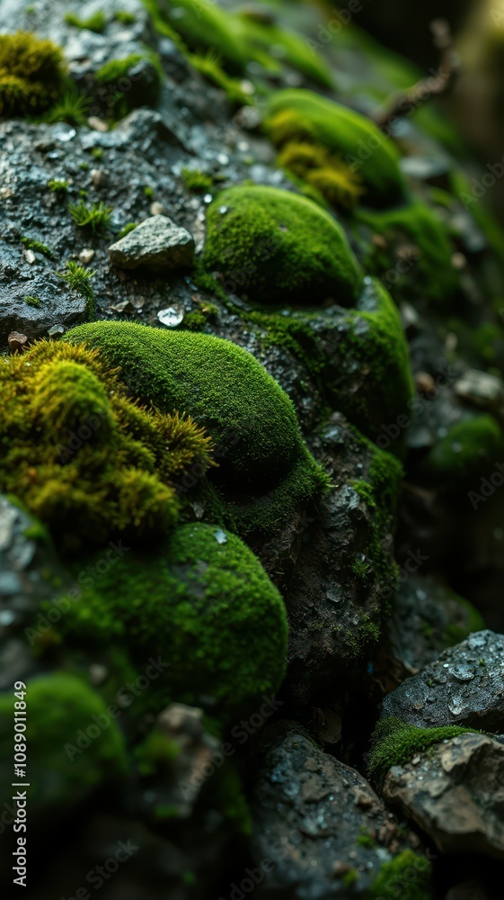 Lush green moss thrives on dark rocks during a damp afternoon in a temperate forest Lush green moss thrives on dark rocks during a damp afternoon in a temperate forest