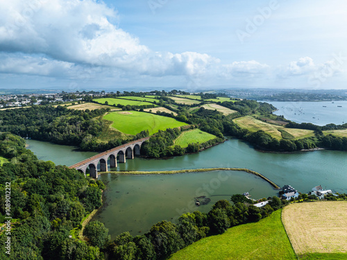 Forder Viaduct over Forder Lake and Lynher River from a drone, Saltash, Tamar Estuary, Cornwall, England