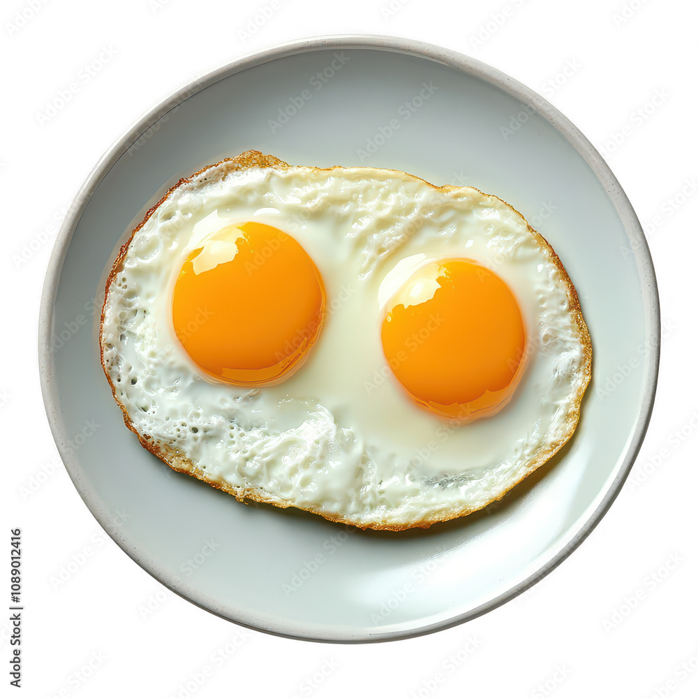 Delicious fried eggs served on a white plate, perfect for breakfast or brunch., isolated on a transparent background. Delicious fried eggs served on a white plate, perfect for breakfast or brunch., isolated on a transparent background.