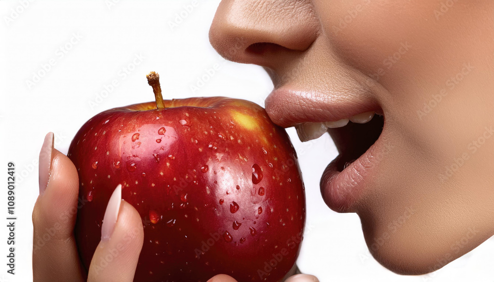 Woman biting a red apple. Perfect teeth. Health, care and healthy food. Woman biting a red apple. Perfect teeth. Health, care and healthy food.