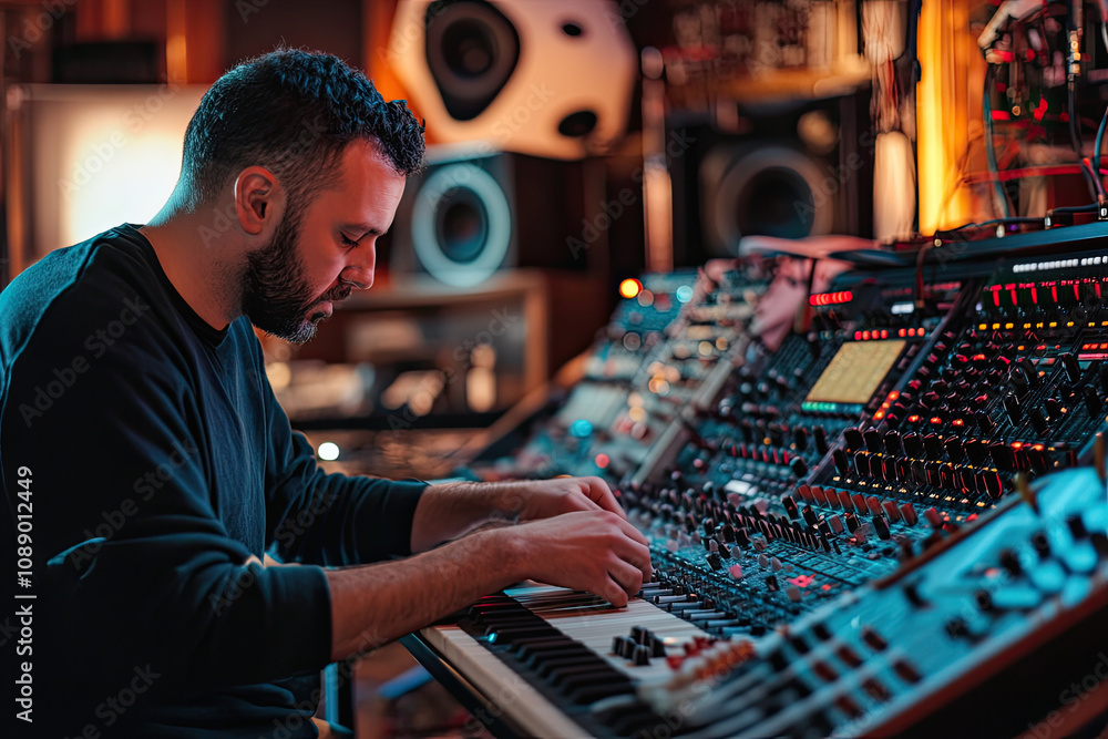Music producer working with high-tech equipment in a studio Music producer working with high-tech equipment in a studio