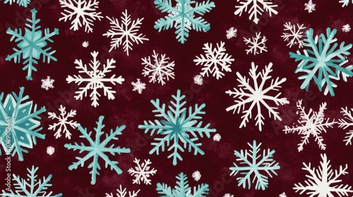 Vibrant Turquoise and White Snowflakes on Burgundy Background