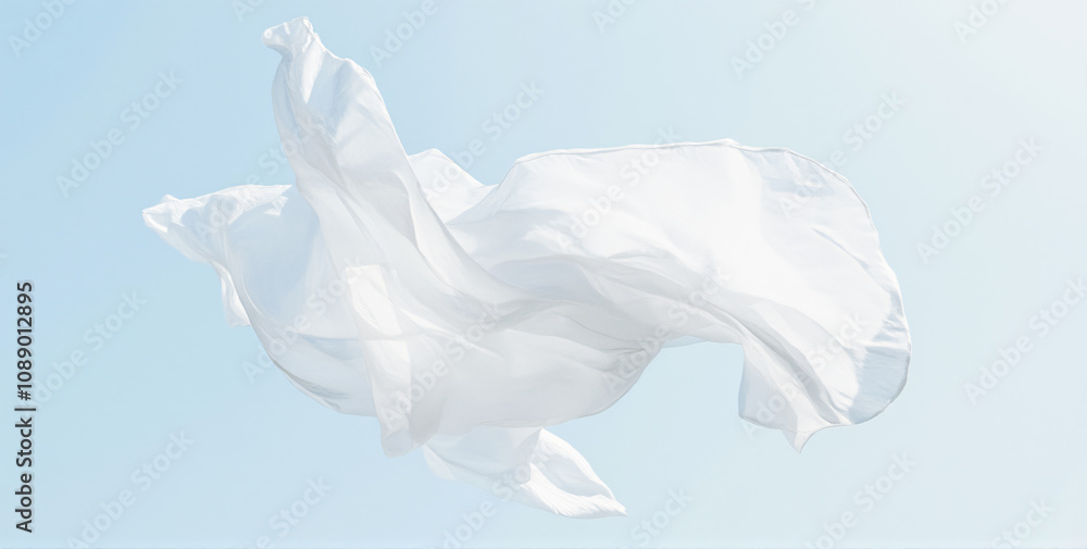A flowing white fabric billowing in the air against a soft blue background, creating a sense of lightness and elegance for the lifestyle industry. A flowing white fabric billowing in the air against a soft blue background, creating a sense of lightness and elegance for the lifestyle industry.