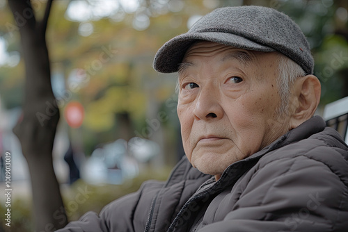 An elderly man wearing a cap, sitting on a bench in the park, watching the world go by photo