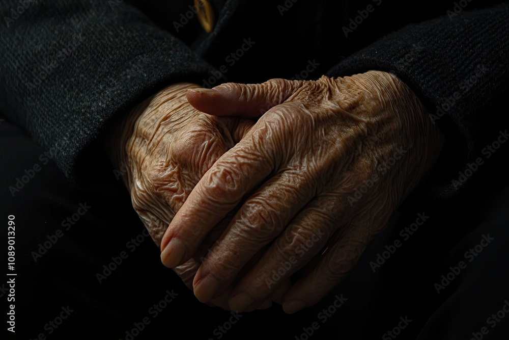 Fototapeta premium Close-up of an elderly person’s hands clasped together, showing signs of a long life lived