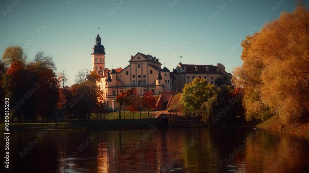 Nesvizh castle reflecting in lake during autumn foliage season Nesvizh castle reflecting in lake during autumn foliage season