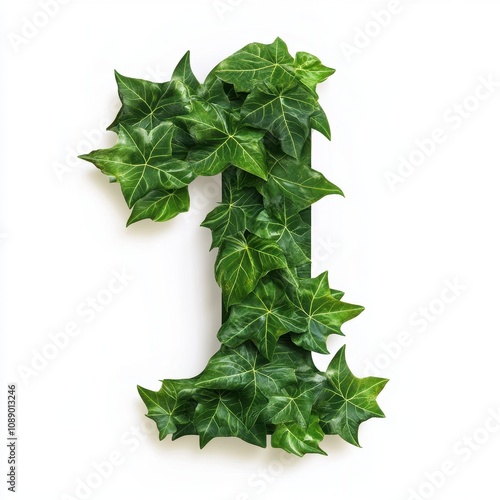 A large number one made of green ivy leaves on a white background.