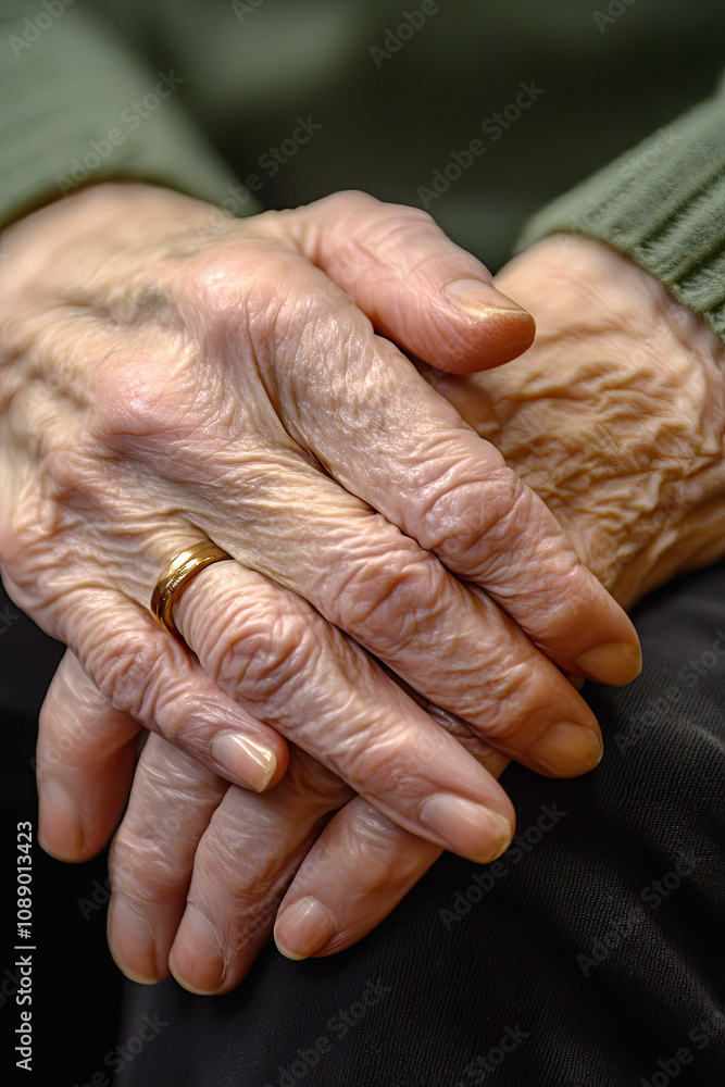 Fototapeta premium Close-up of an elderly person’s hands clasped together, showing signs of a long life lived