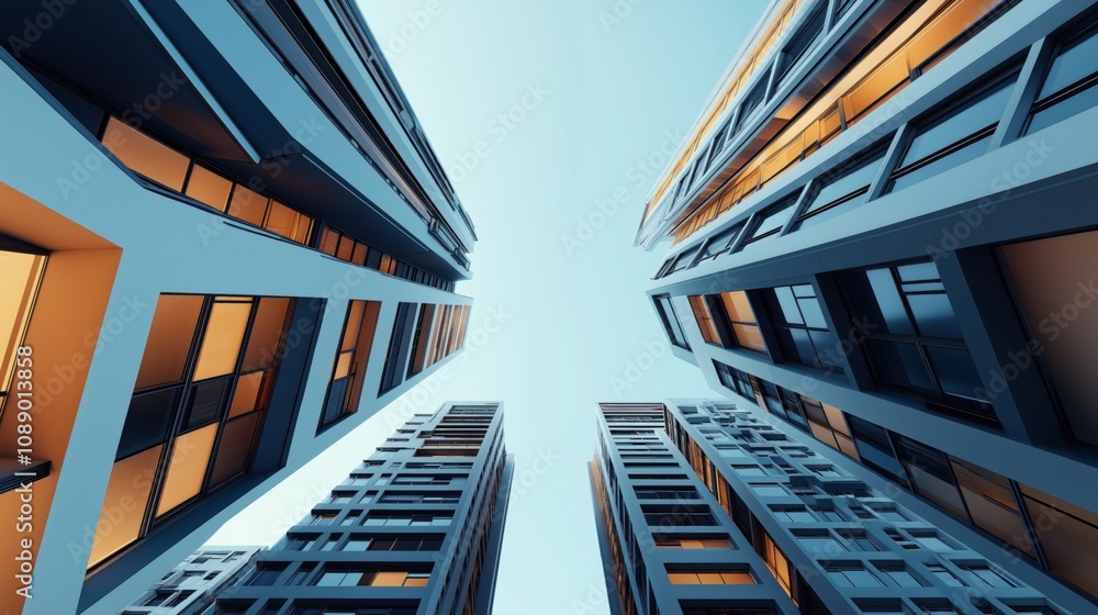 Fototapeta premium Upward view of modern high-rise buildings with reflective windows under a clear blue sky