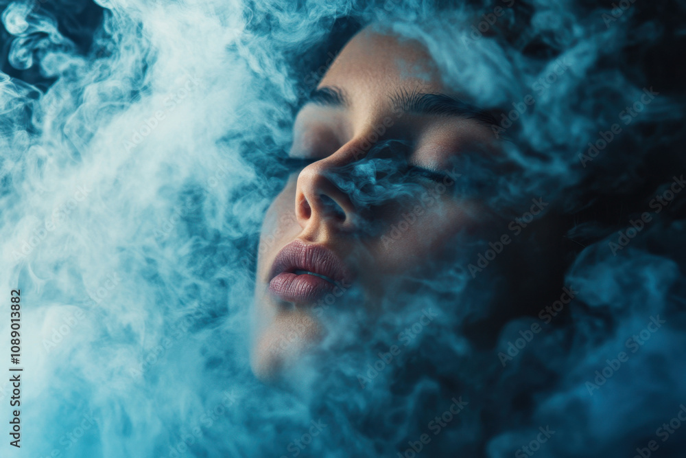 Portrait of a serene woman surrounded by ethereal blue smoke, evoking a sense of tranquility and mystery in a dreamlike atmosphere. Portrait of a serene woman surrounded by ethereal blue smoke, evoking a sense of tranquility and mystery in a dreamlike atmosphere.