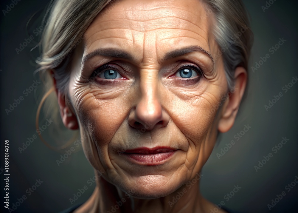 Realistic Portrait of a Middle-Aged Woman with Wrinkles and Eye Bags Realistic Portrait of a Middle-Aged Woman with Wrinkles and Eye Bags