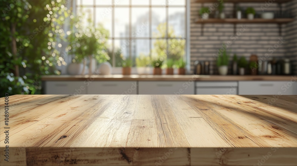 Smooth wooden table with light grain, bathed in sunlight, surrounded by greenery in a modern kitchen Smooth wooden table with light grain, bathed in sunlight, surrounded by greenery in a modern kitchen