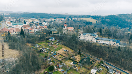 Aerial View of European Village, Houses and Hills. Zacler, Czechia photo