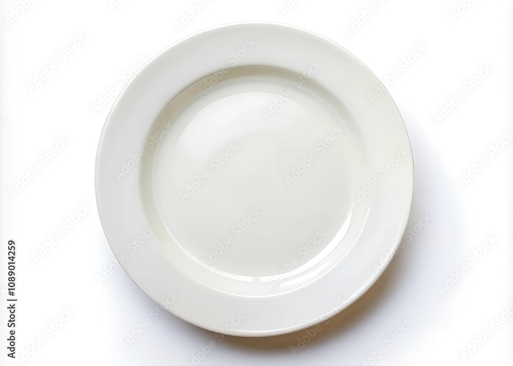 A plain white ceramic dinner plate on a clean white background. A plain white ceramic dinner plate on a clean white background.