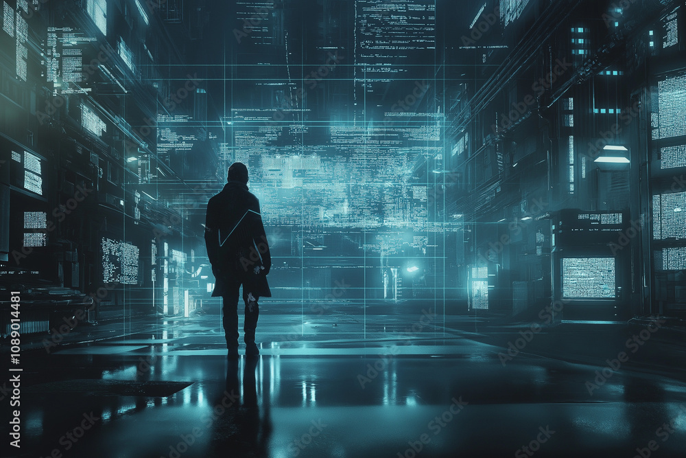 silhouette of person walking between information holograms silhouette of person walking between information holograms