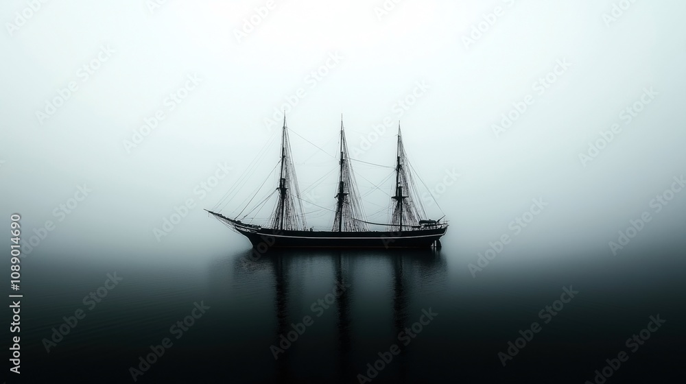 Silhouette of a three-masted ship in misty waters with a reflection on the calm surface, creating a serene and mysterious atmosphere. Silhouette of a three-masted ship in misty waters with a reflection on the calm surface, creating a serene and mysterious atmosphere.