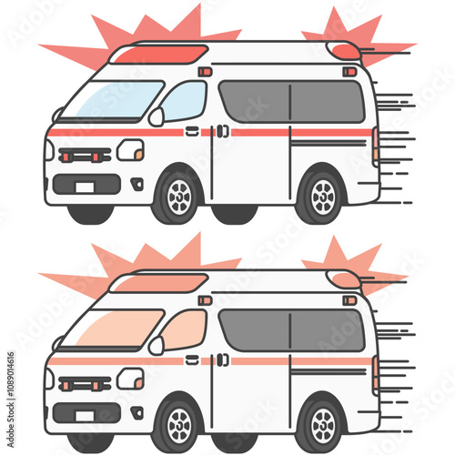 日本の救急車、サイレンを鳴らし緊急走行しているイラスト（フルカラー・単色モノカラーのセット）