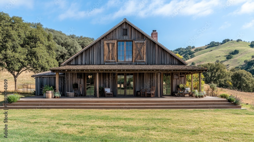 Rustic farmhouse with barn doors, large wooden porch, rolling hills background Rustic farmhouse with barn doors, large wooden porch, rolling hills background