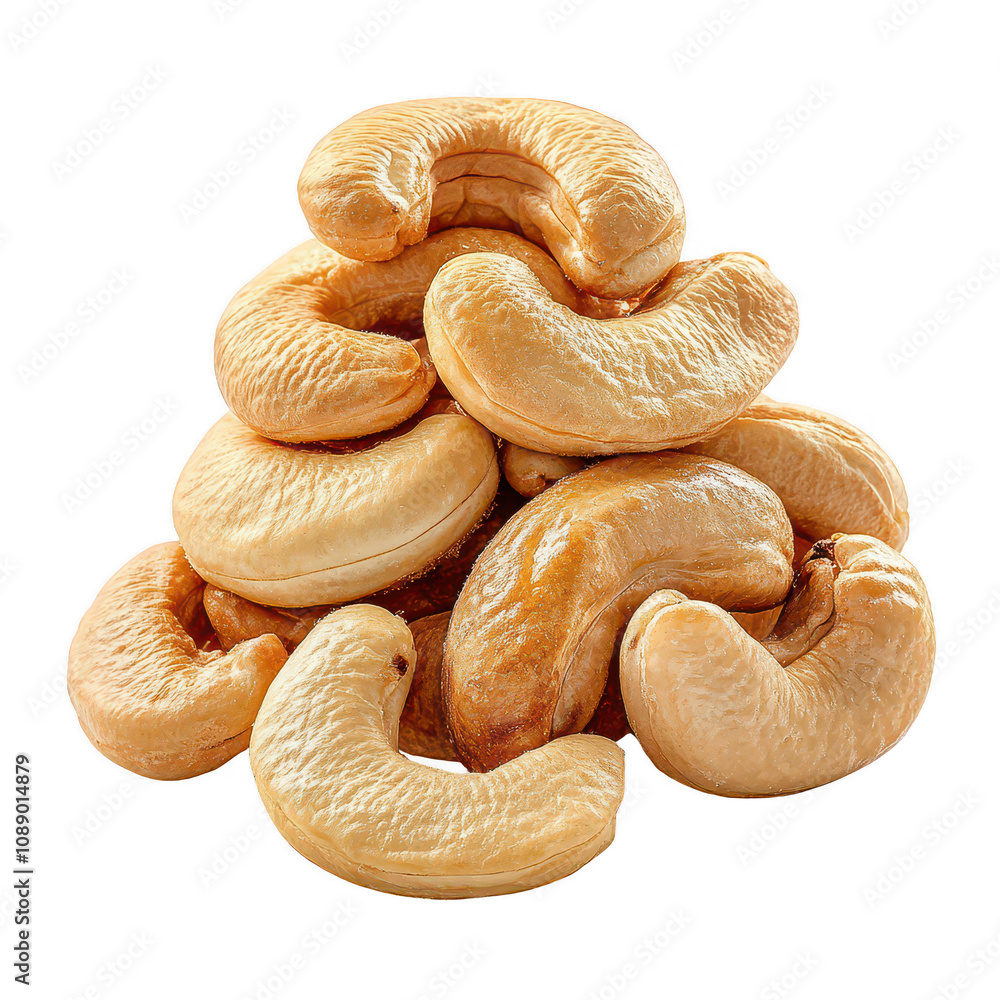 Deliciously roasted cashew nuts stacked in a tempting pile, perfect for snacking., isolated on a transparent background. Deliciously roasted cashew nuts stacked in a tempting pile, perfect for snacking., isolated on a transparent background.