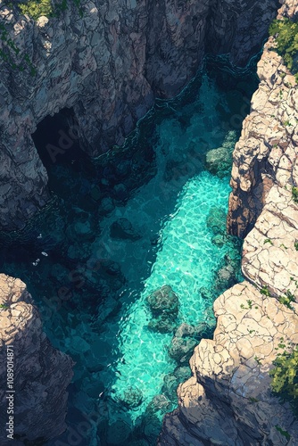 Top dow view from a cliff, overlooking crystal-clear turquoise waters with coral reefs in them.  photo