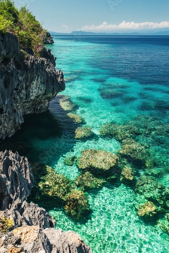 Top dow view from a cliff, overlooking crystal-clear turquoise waters with coral reefs in them.  photo