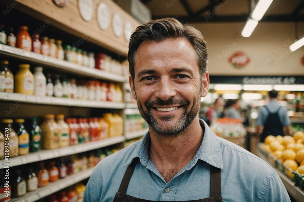 Close portrait of a smiling 40s Lesothan male grocer standing and looking at the camera, Lesothan grocery store blurred background Close portrait of a smiling 40s Lesothan male grocer standing and looking at the camera, Lesothan grocery store blurred background