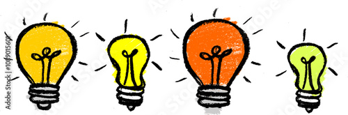 Light Bulb Idea Crayon Chalk Drawing Vector Set