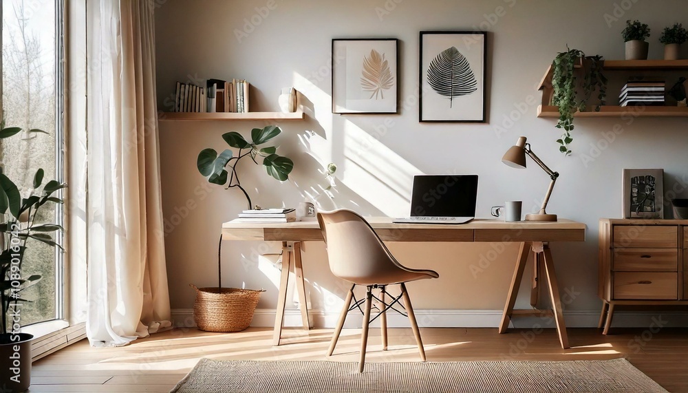 Fototapeta premium A cozy and modern home office setup with a minimalist design, work from home..