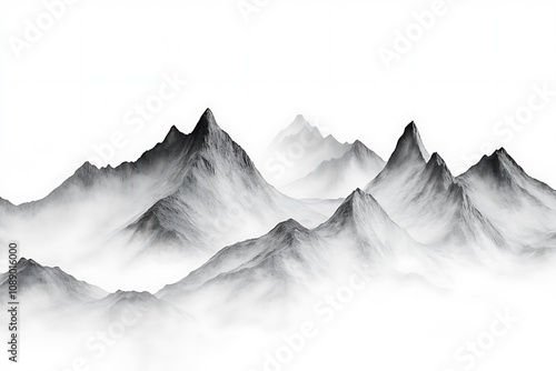 Serene Monochrome Mountain Landscape: Misty Peaks and Tranquil Atmosphere. A breathtaking black and white view of majestic mountains shrouded in fog, evoking a sense of peace and serenity.