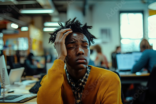 Person sitting in a crowded office, with a tired expression and a hand on their forehead photo