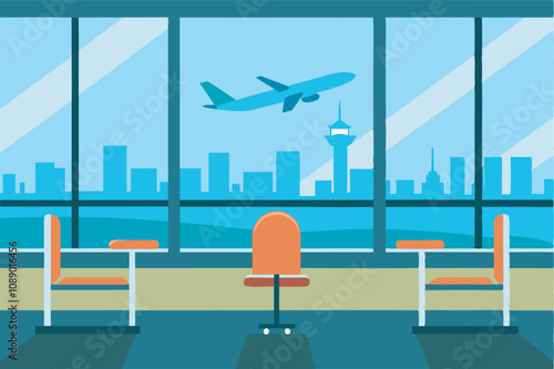 An airport waiting area with two orange chairs, tables, natural light, skyline view, and flying airplane creates a peaceful ambiance for passengers to relax.