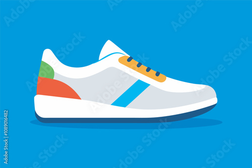 Image of playful white sneakers with colorful details on blue background. Arranged in triangle shape, one heel on other shoe. Casual, light vibe with no extra objects.