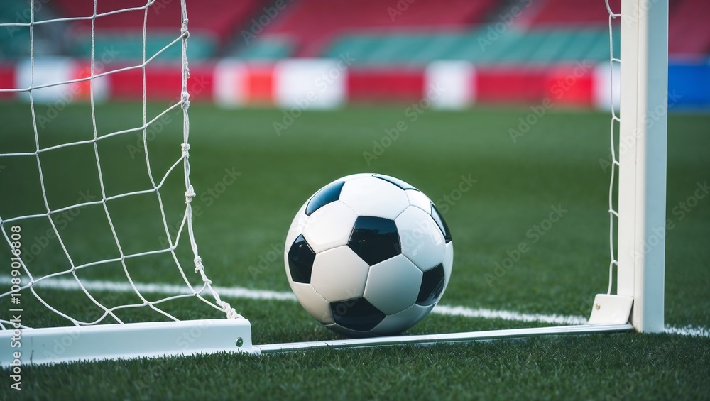 Fototapeta premium Soccer ball near the goal post on a green field