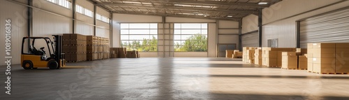 A spacious, well-lit warehouse interior with stacked boxes and a forklift, emphasizing an organized storage environment.